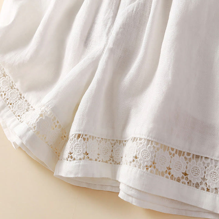 Buddha Stones Plain Color Bottom Hollow Lace Design Lace-up Cotton Linen Women's Shorts With Pockets