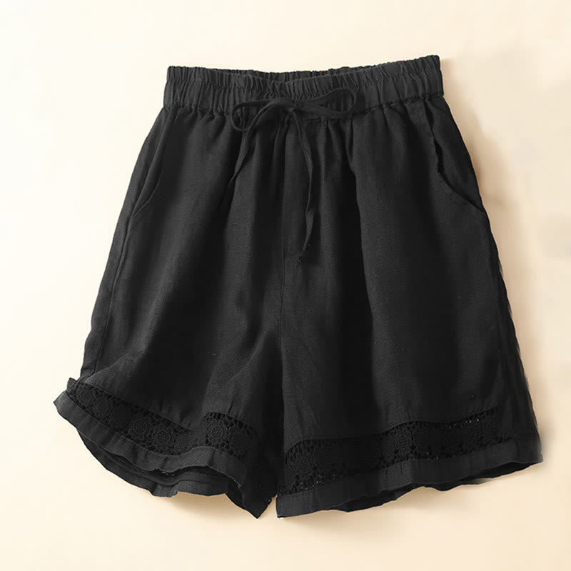 Buddha Stones Plain Color Bottom Hollow Lace Design Lace-up Cotton Women's Shorts With Pockets - Black - US12，UK/AU16，EU44 (3XL) - image 16