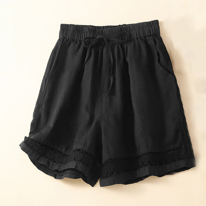 Buddha Stones Plain Color Bottom Hollow Lace Design Lace-up Cotton Women's Shorts With Pockets - Black - US12，UK/AU16，EU44 (3XL) - image 16