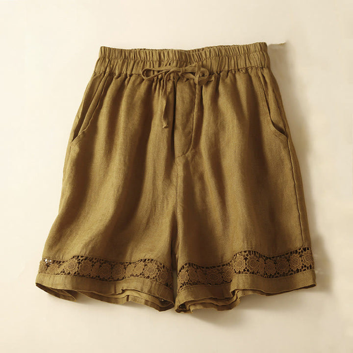 Buddha Stones Plain Color Bottom Hollow Lace Design Lace-up Cotton Linen Women's Shorts With Pockets