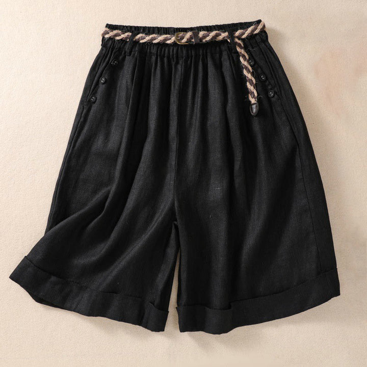 Buddha Stones Casual Solid Color Turn Up Cuff Belt Cotton Linen Women's Shorts With Pockets - Black - US8-10，UK/AU12-14，EU40-42 (2XL) - image 8