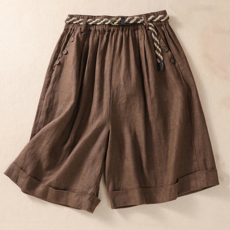 Buddha Stones Casual Solid Color Turn Up Cuff Belt Cotton Linen Women's Shorts With Pockets - Sienna - US8-10，UK/AU12-14，EU40-42 (2XL) - image 12