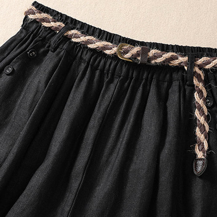 Buddha Stones Casual Solid Color Turn Up Cuff Belt Cotton Linen Women's Shorts With Pockets - image 10