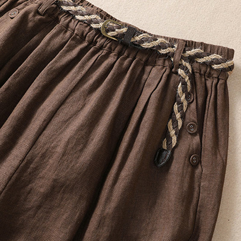 Buddha Stones Casual Solid Color Turn Up Cuff Belt Cotton Linen Women's Shorts With Pockets - image 14