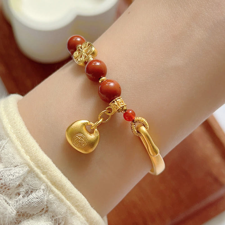 Buddha Stones South Red Agate Fu Character Ingot Half Bracelet