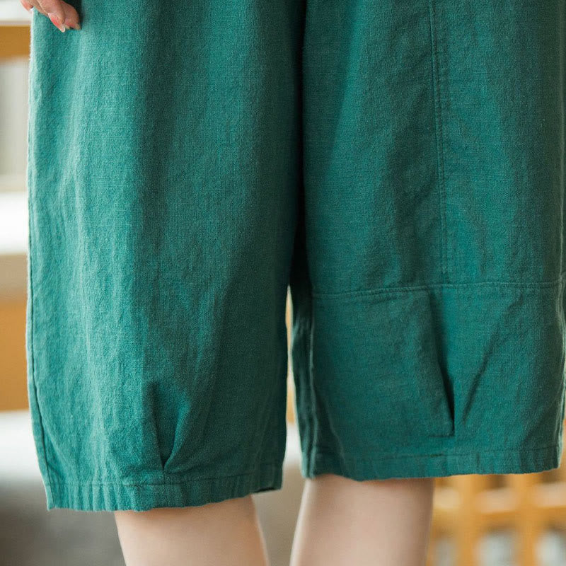 Buddha Stones Casual Plain Color Cotton Ramie Women's Shorts With Pockets