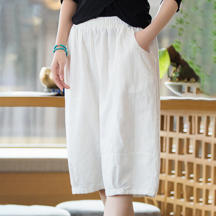 Buddha Stones Casual Plain Color Cotton Ramie Women's Shorts With Pockets