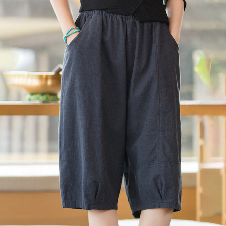 Buddha Stones Casual Plain Color Cotton Ramie Women's Shorts With Pockets