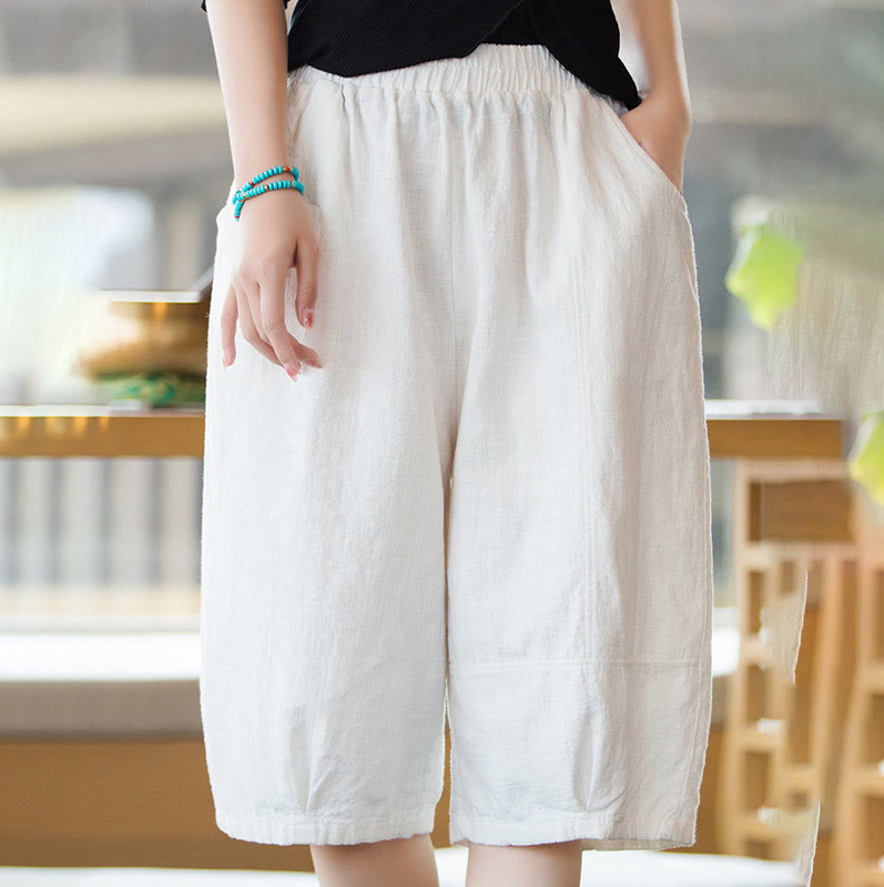 Buddha Stones Casual Plain Color Cotton Ramie Women's Shorts With Pockets