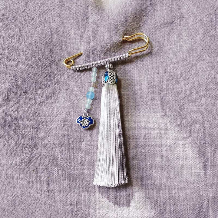 Buddha Stones Vintage Chalcedony Beads Tassels Positive Brooch