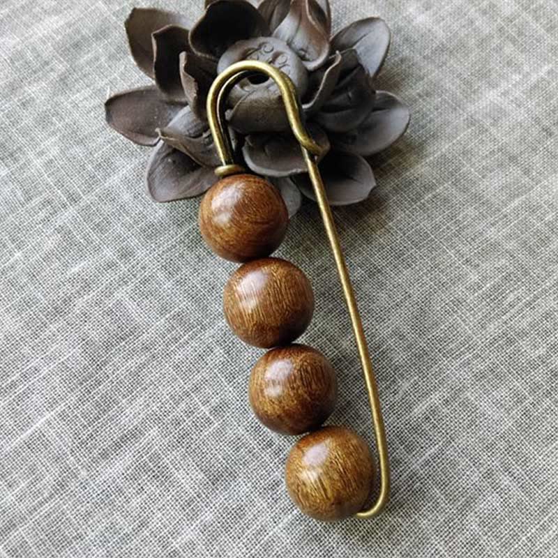 Buddha Stones Vintage Sandalwood Agathis Alba Ebony Wood Peltogyne Beads Healing Brooch