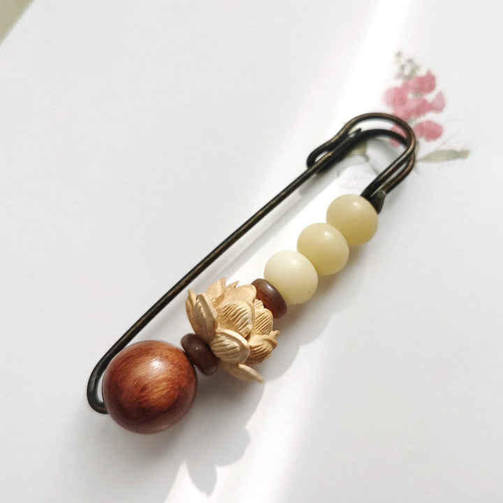 Buddha Stones Vintage Bodhi Seed Boxwood Lotus Sandalwood Bead Peace Brooch