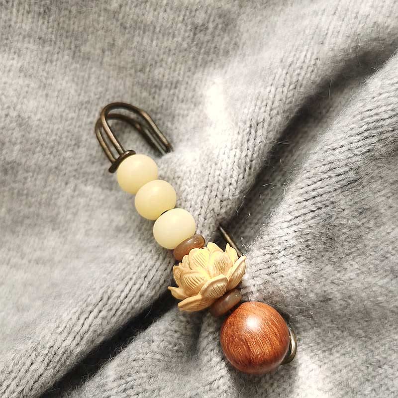 Buddha Stones Vintage Bodhi Seed Boxwood Lotus Sandalwood Bead Peace Brooch