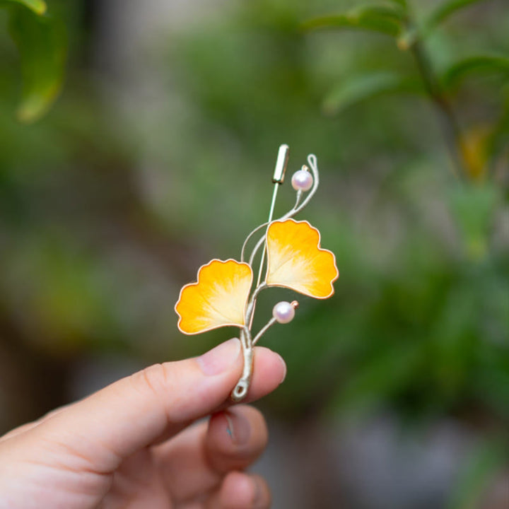 Buddha Stones Handmade Yangzhou Velvet Flower Mulberry Silk Ginkgo Leaf Brooch