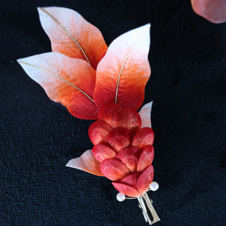 Buddha Stones Handmade Yangzhou Velvet Flower Mulberry Silk Red Koi Fish Leaves Brooch Hair Clip