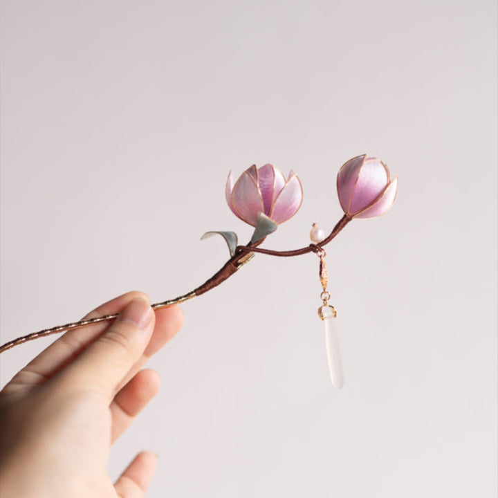 Buddha Stones Handmade Yangzhou Velvet Flower Mulberry Silk Purple Magnolia Brooch Hairpin