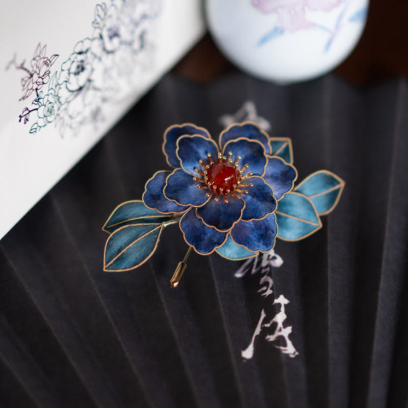 Buddha Stones Handmade Yangzhou Velvet Flower Mulberry Silk Blue Flowers Brooch