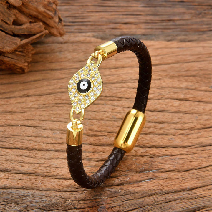 Buddha Stones Evil Eye Protection Leather Metal Buckle Bracelet