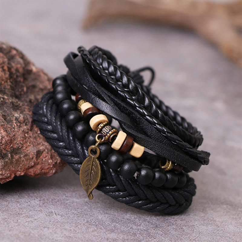 Buddha Stones Leaf Multi-layer Twisted Leather Resin Beads Courage Bracelet Set