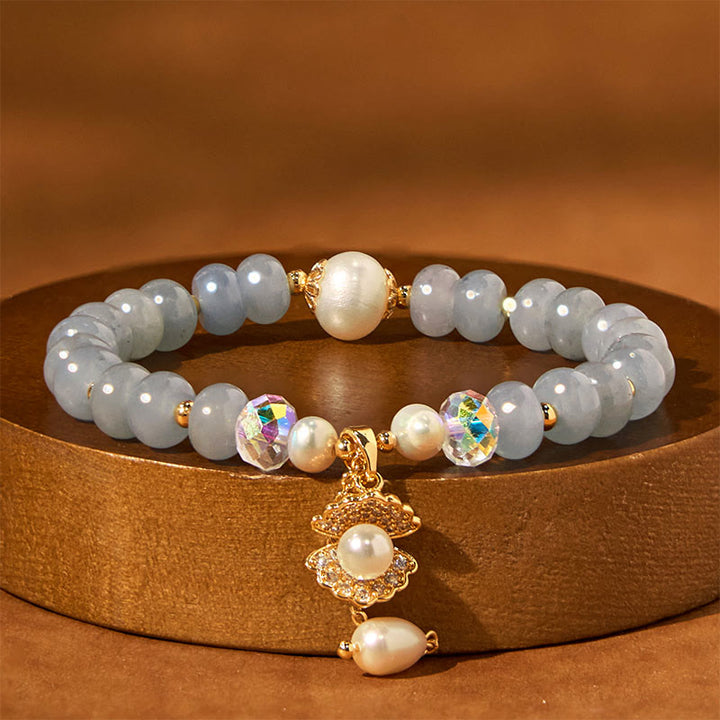 Buddha Stones Natural Aquamarine Pearl Shell Healing Bead Bracelet