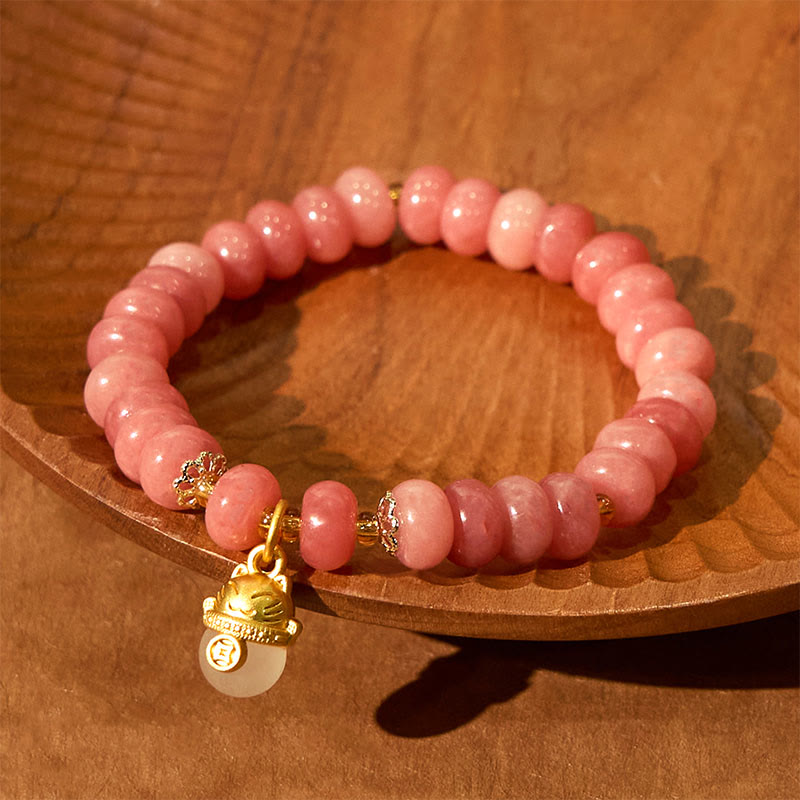 Buddha Stones Strawberry Quartz Cyan Jade Lucky Cat Beads Healing Bracelet