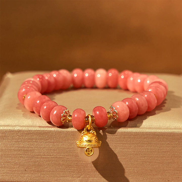 Buddha Stones Strawberry Quartz Cyan Jade Lucky Cat Beads Healing Bracelet