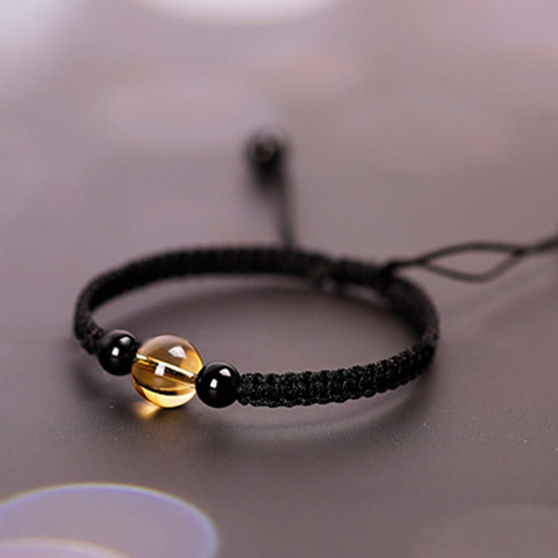 Buddha Stones Handcrafted Citrine Black Obsidian Bead King Kong Knot Peace Knot Luck Rope Bracelet