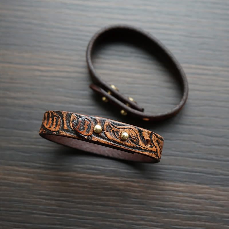 Buddha Stones Vintage Printed Leather Adjustable Buckle Balance Bracelet