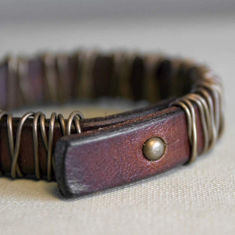 Buddha Stones Vintage Leather Copper Brass Wire Wrap Balance Bracelet