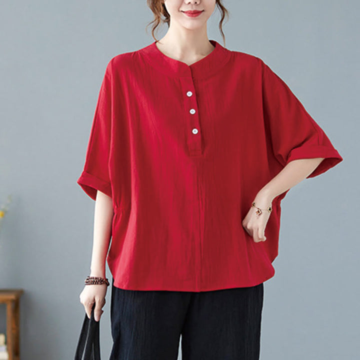 Buddha Stones Women's Plain Batwing Sleeve Design Half Sleeve Cotton Linen Shirt - image 25
