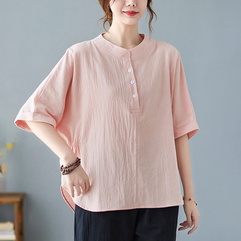 Buddha Stones Women's Plain Batwing Sleeve Design Half Sleeve Cotton Linen Shirt