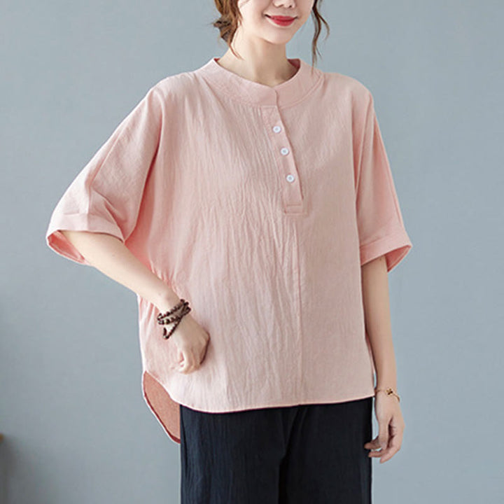 Buddha Stones Women's Plain Batwing Sleeve Design Half Sleeve Cotton Linen Shirt