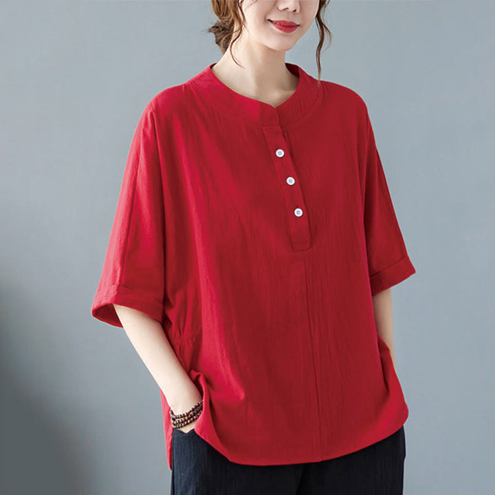 Buddha Stones Women's Plain Batwing Sleeve Design Half Sleeve Cotton Linen Shirt