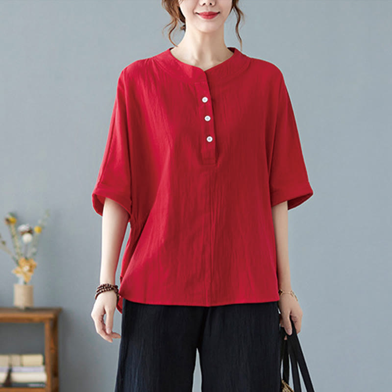 Buddha Stones Women's Plain Batwing Sleeve Design Half Sleeve Cotton Linen Shirt - image 26