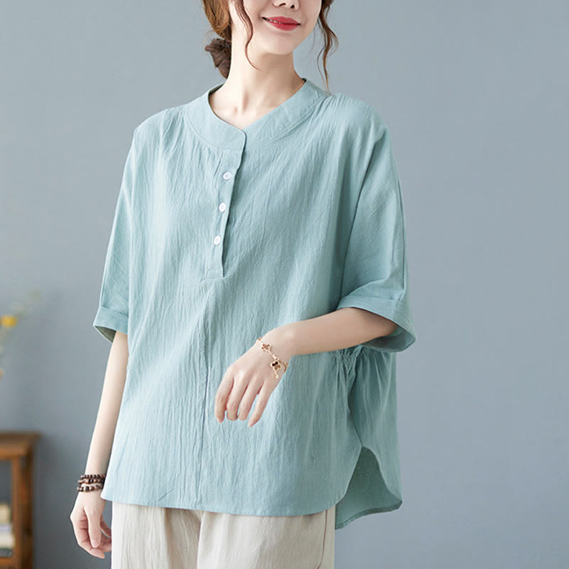 Buddha Stones Women's Plain Batwing Sleeve Design Half Sleeve Cotton Linen Shirt