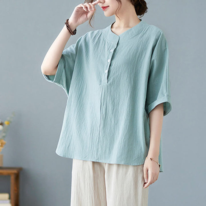 Buddha Stones Women's Plain Batwing Sleeve Design Half Sleeve Cotton Linen Shirt