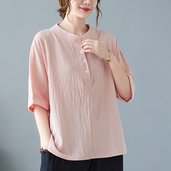 Buddha Stones Women's Plain Batwing Sleeve Design Half Sleeve Cotton Linen Shirt - image 20