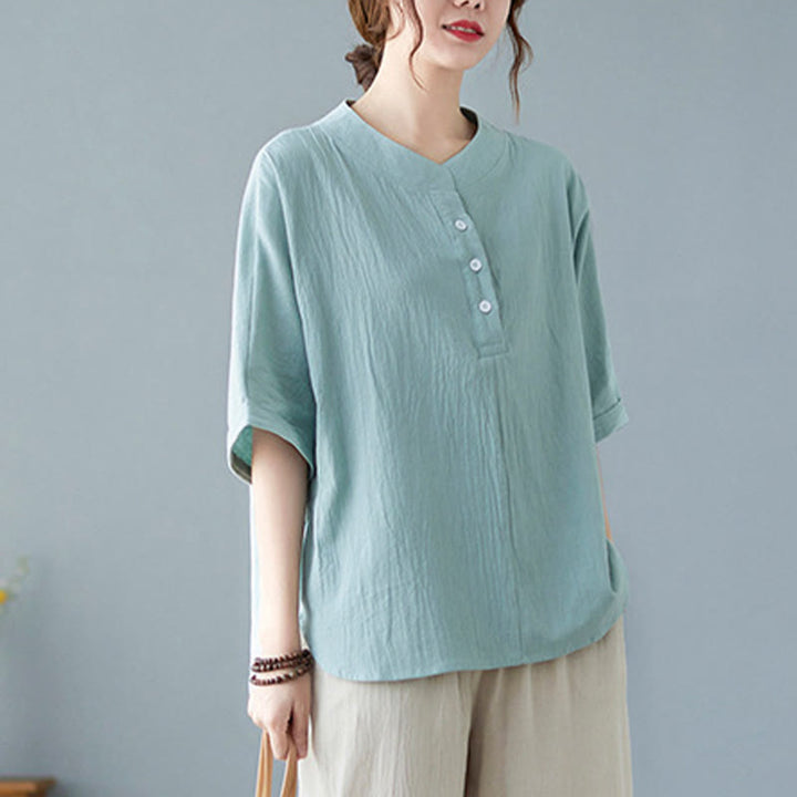 Buddha Stones Women's Plain Batwing Sleeve Design Half Sleeve Cotton Linen Shirt - image 3