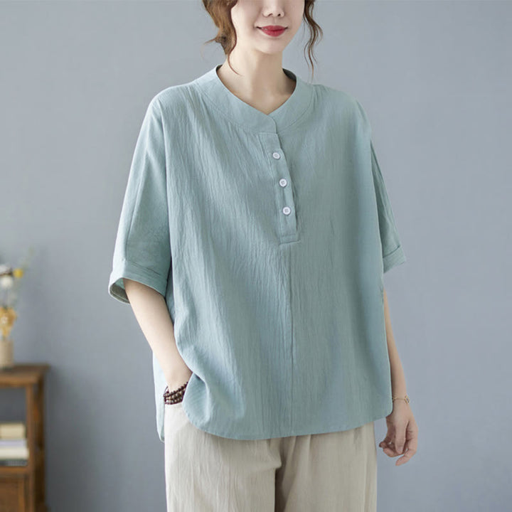 Buddha Stones Women's Plain Batwing Sleeve Design Half Sleeve Cotton Linen Shirt - image 6