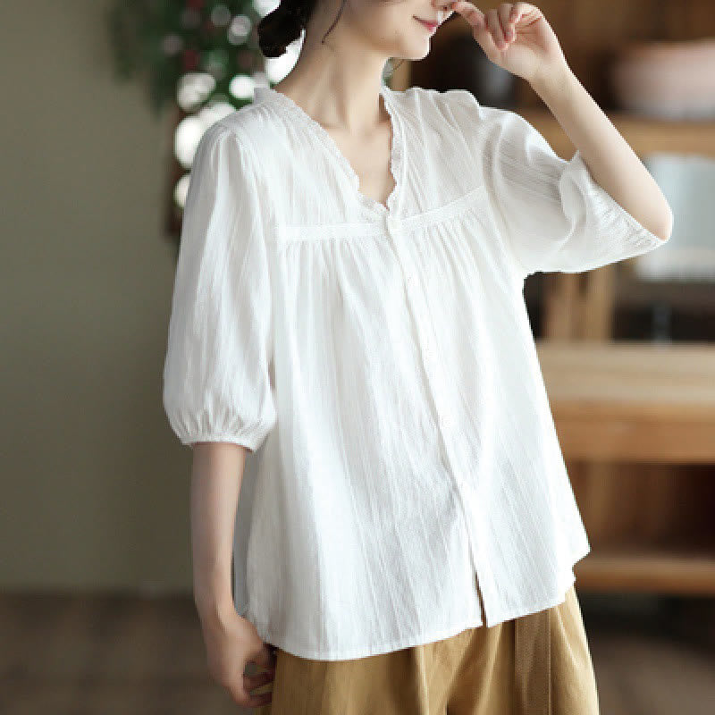 Buddha Stones Women's Pure White Lace V-neck Design Half Sleeve Cotton Shirt - White - US8-10，UK/AU12-14，EU40-42 (2XL) - image 0