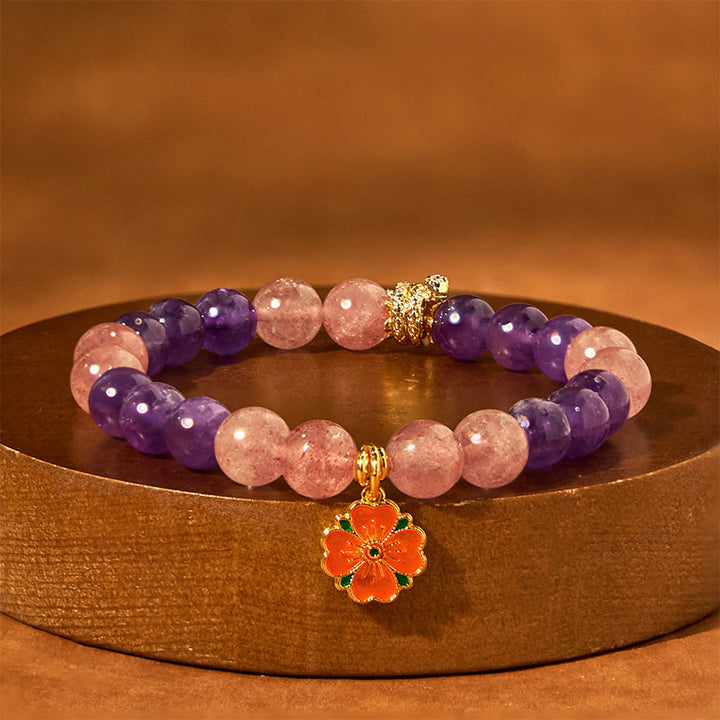 Buddha Stones Year of the Snake Amethyst Strawberry Quartz Flower Charm Healing Bracelet