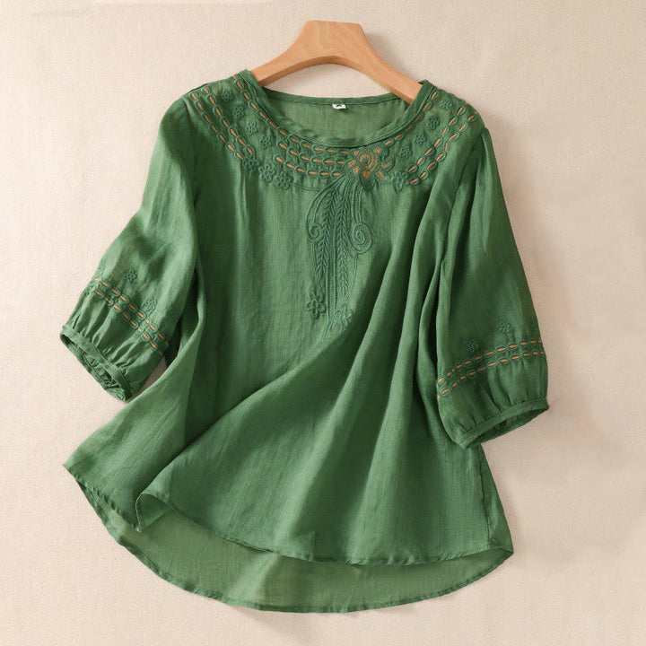 Buddha Stones Women's Crew Neck Hollow Design Half Sleeve Cotton Linen Shirt - MediumSeaGreen - US8-10，UK/AU12-14，EU40-42 (2XL) - image 20