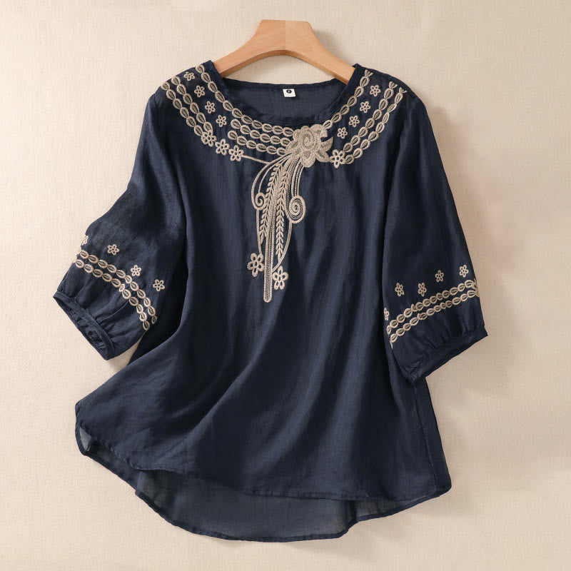 Buddha Stones Women's Crew Neck Hollow Design Half Sleeve Cotton Linen Shirt