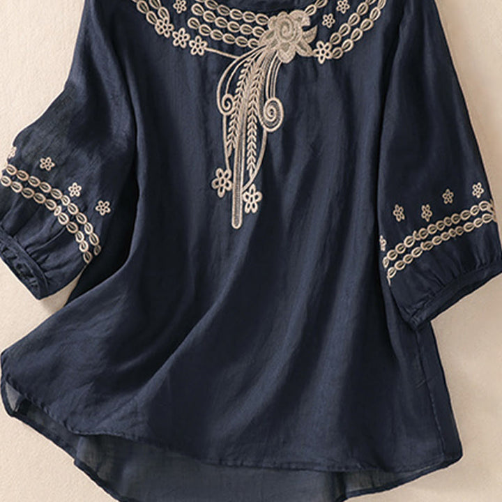 Buddha Stones Women's Crew Neck Hollow Design Half Sleeve Cotton Linen Shirt - image 11