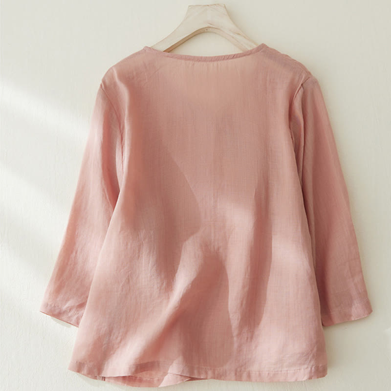 Buddha Stones Casual Women's Embroidery Plants Design Three Quarter Sleeve Cotton Linen Shirt - image 1