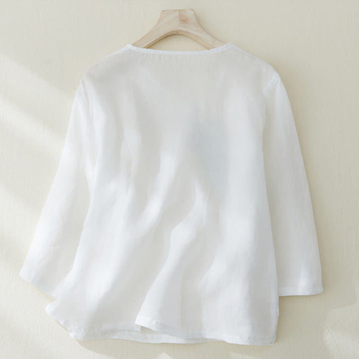 Buddha Stones Casual Women's Embroidery Plants Design Three Quarter Sleeve Cotton Linen Shirt - image 8