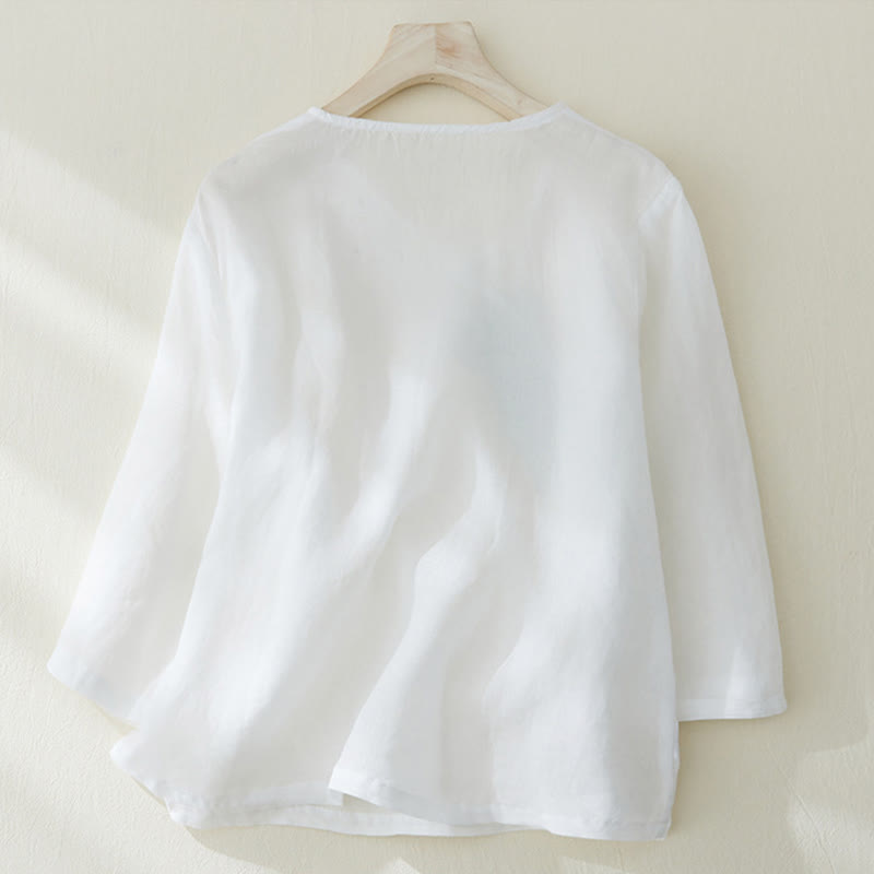 Buddha Stones Casual Women's Embroidery Plants Design Three Quarter Sleeve Cotton Linen Shirt - image 9