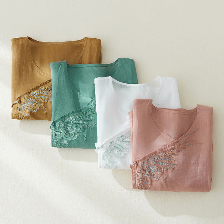 Buddha Stones Casual Women's Embroidery Plants Design Three Quarter Sleeve Cotton Linen Shirt - image 26