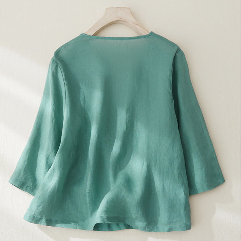 Buddha Stones Casual Women's Embroidery Plants Design Three Quarter Sleeve Cotton Linen Shirt - image 21