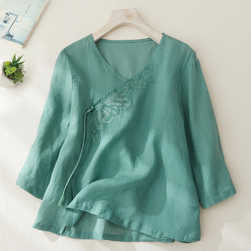 Buddha Stones Casual Women's Embroidery Plants Design Three Quarter Sleeve Shirt - LightSeaGreen - US8-10，UK/AU12-14，EU40-42 (2XL) - image 20